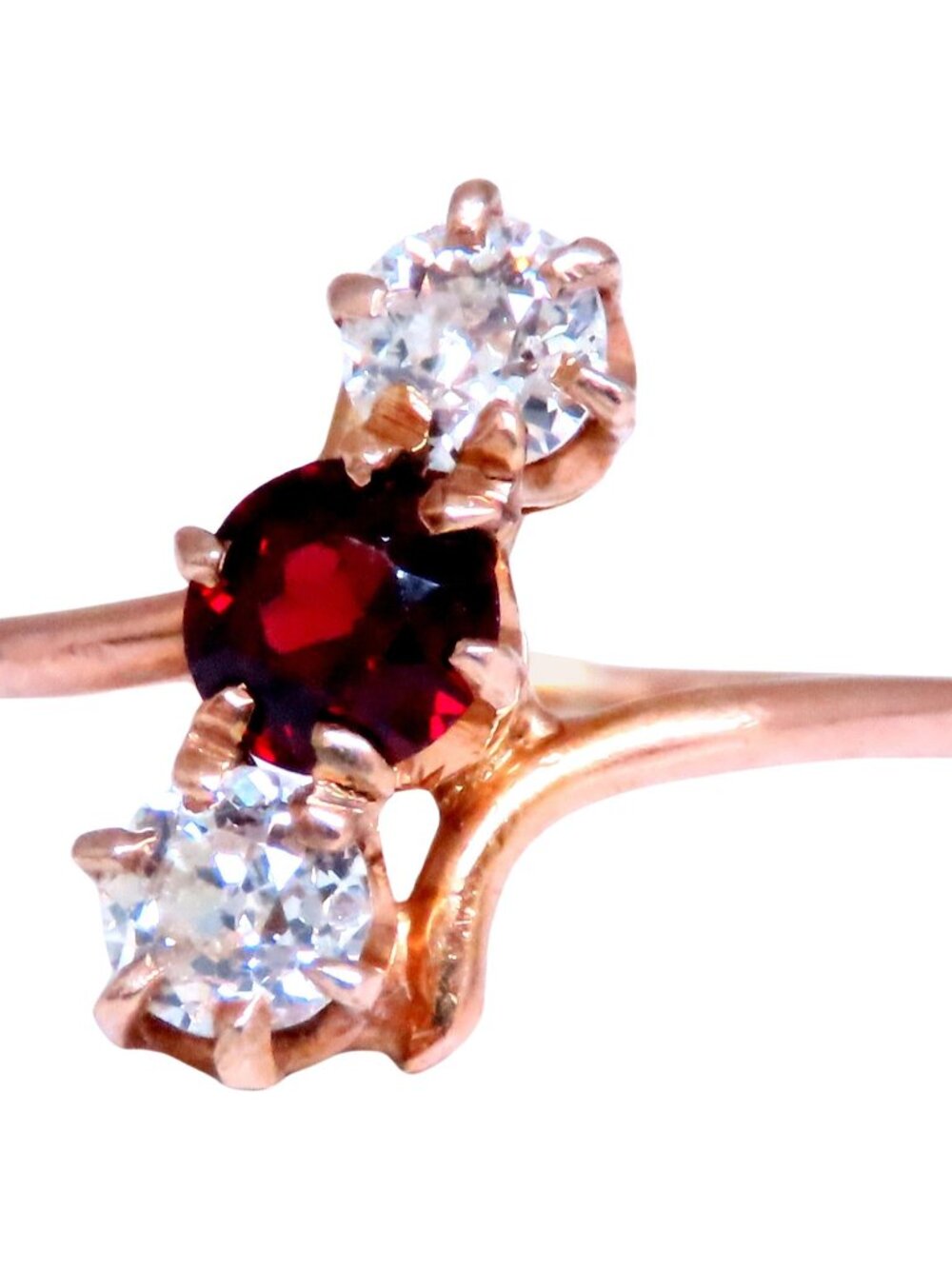 Antique Garnet Three Stone Diamonds Ring 14kt Gold 12548*